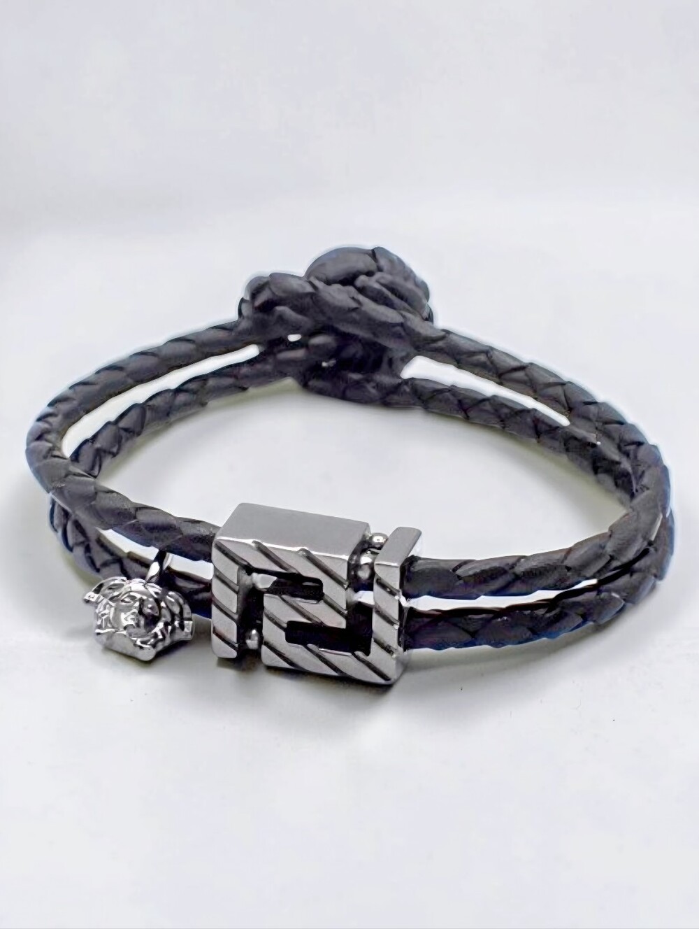 Versace Medusa Greca Black Braided Leather Bracelet with Silver Charm Unisex
